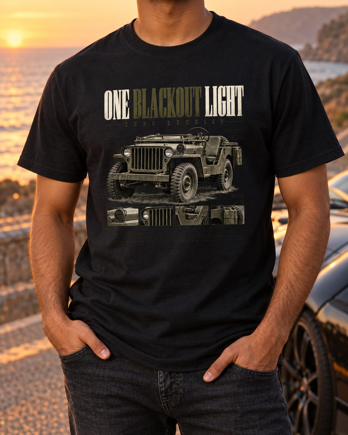 Willys MB Blackout Light Editorial Tee, 1941-1945 Jeep T-Shirt Black worn hero