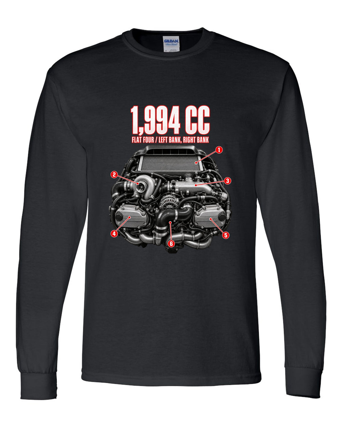 Subaru EJ20K flat-four boxer engine anatomy illustration from a GC8 WRX black long sleeve front view with the design