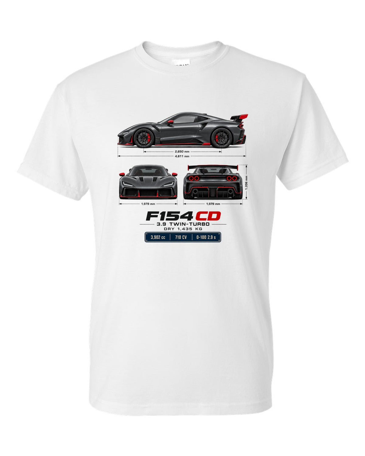 Ferrari F8 Tributo three-view spec table print with F154 CD engine code white t-shirt front view with the design