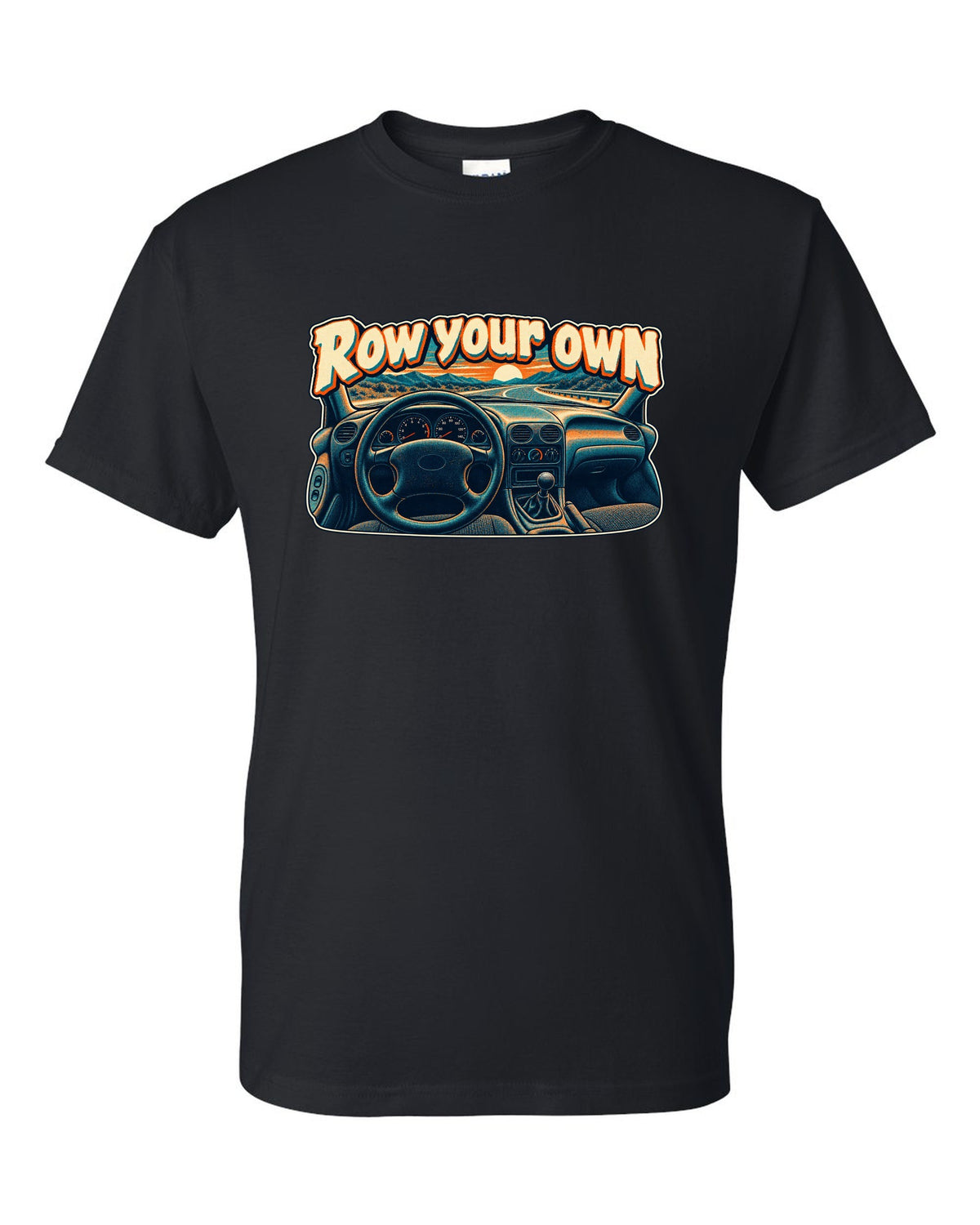 Risograph halftone Ford Mustang SN95 with the words Row your own black t-shirt front view with the design