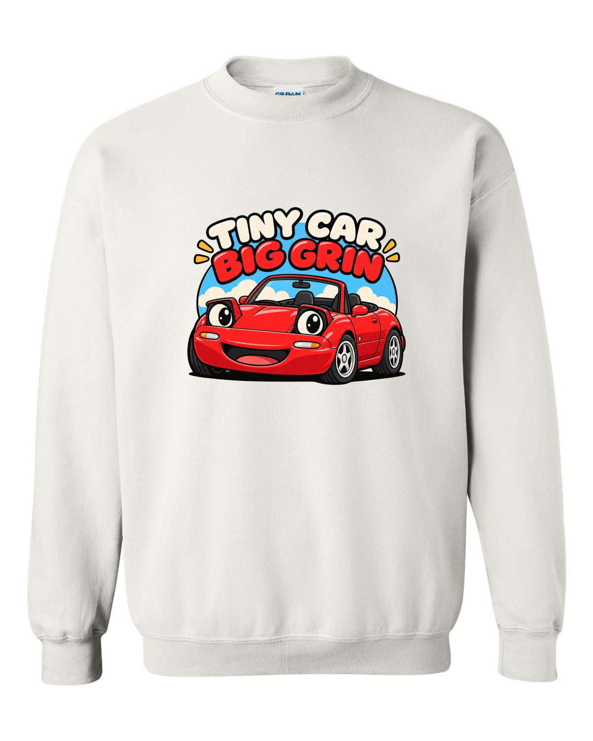 Topographic contour map of a touge road with a Mazda MX-5 ND route white crewneck front view with the design