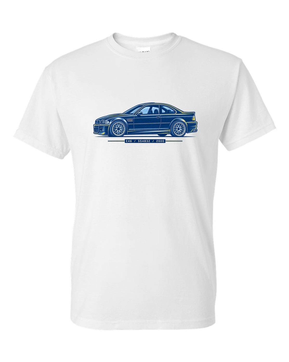 Cyanotype blueprint style print of a BMW E46 M3 coupe with E46 S54B32 2000 text white t-shirt front view with the design