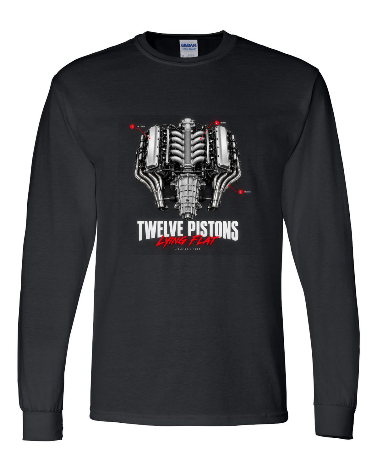 Engine callout print of the Ferrari 512 TR and F512 M flat-12 with the text Twelve Pistons Lying Flat black long sleeve front view with the design