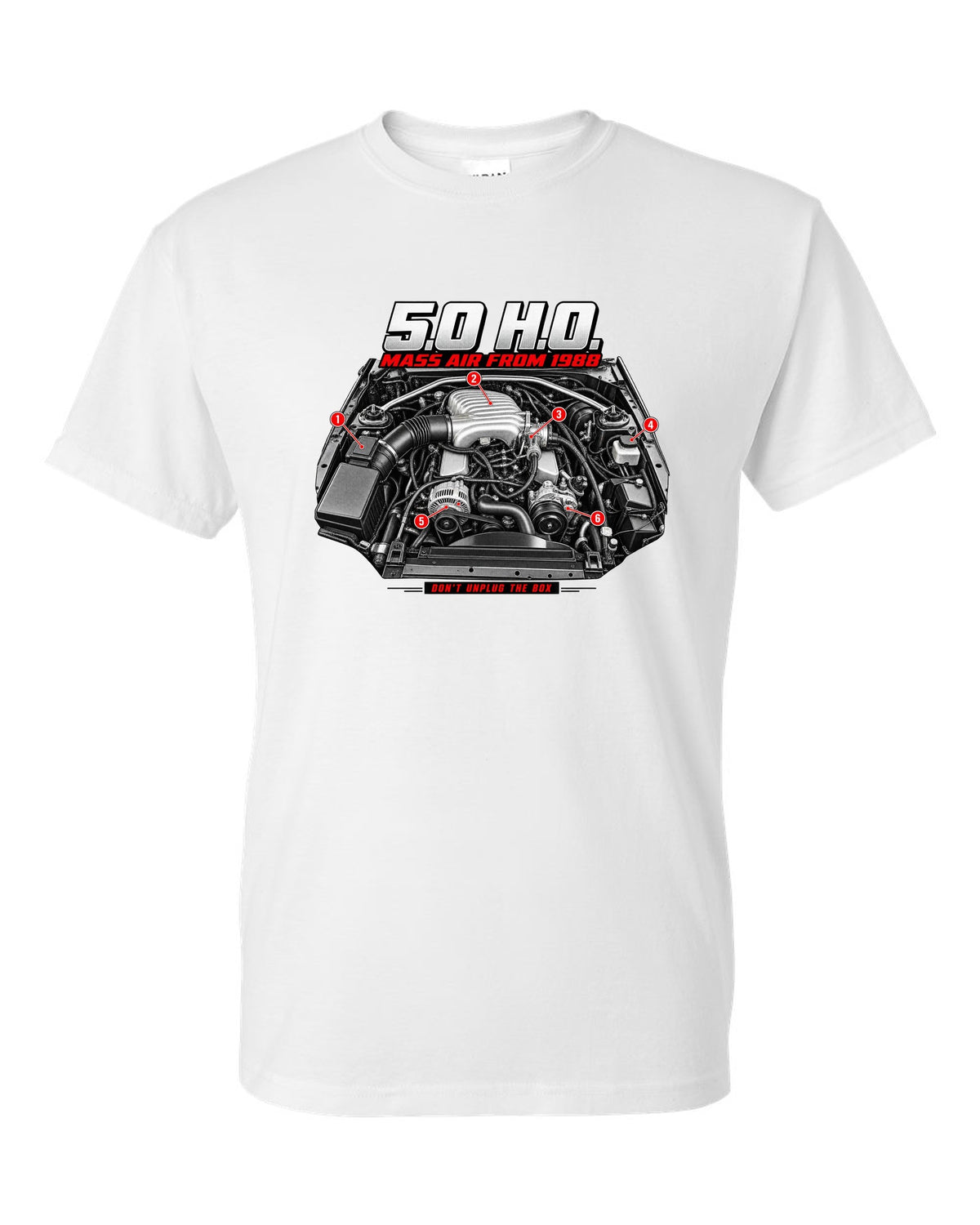 print of a 1989 Ford Mustang Fox Body 5.0 H.O. engine bay white t-shirt front view with the design