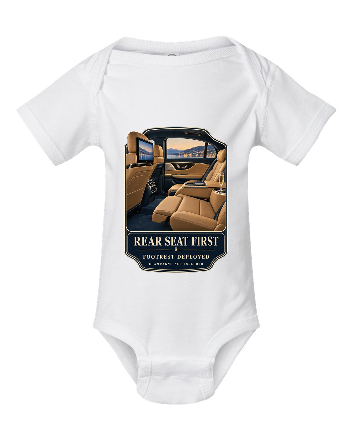 print of the Mercedes-Maybach S680 rear executive cabin with footrest deployed white baby onesie front view with the design