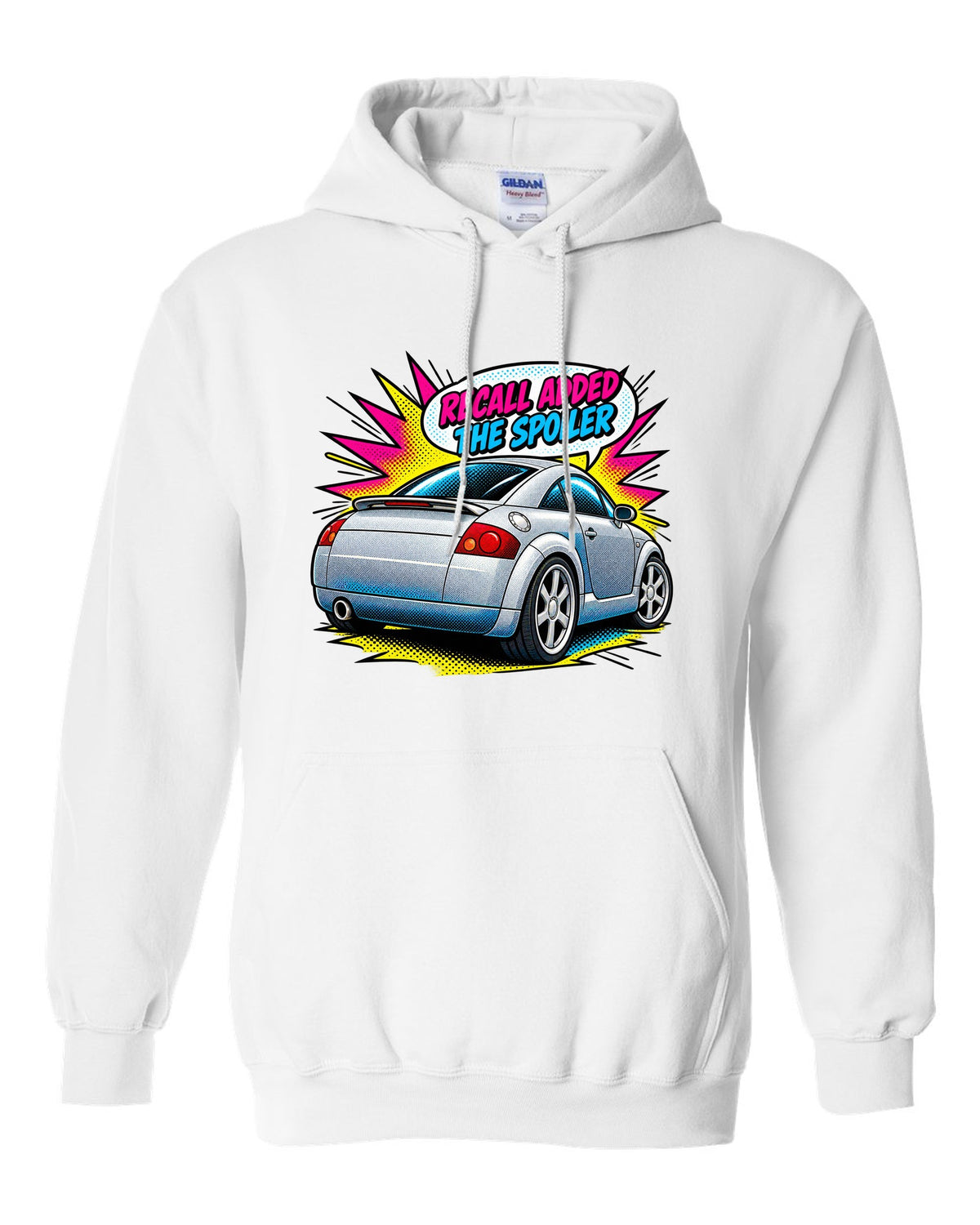 Comic halftone pop art print of an Audi TT Coupe 8N with spoiler recall caption white pull over hoodie front view with the design