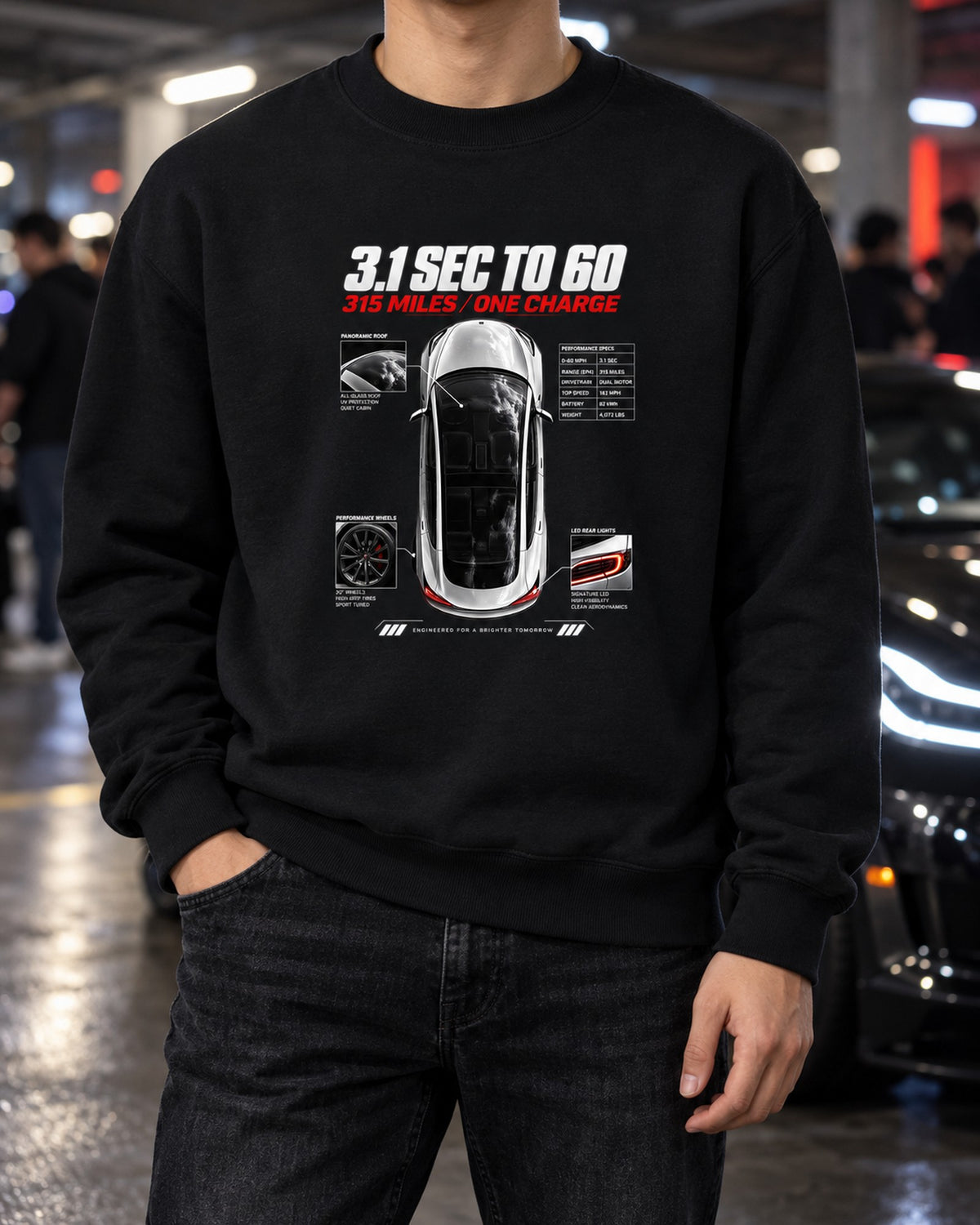 Tesla Model 3 Performance Top-Down Spec Poster Shirt Crewneck Black worn hero
