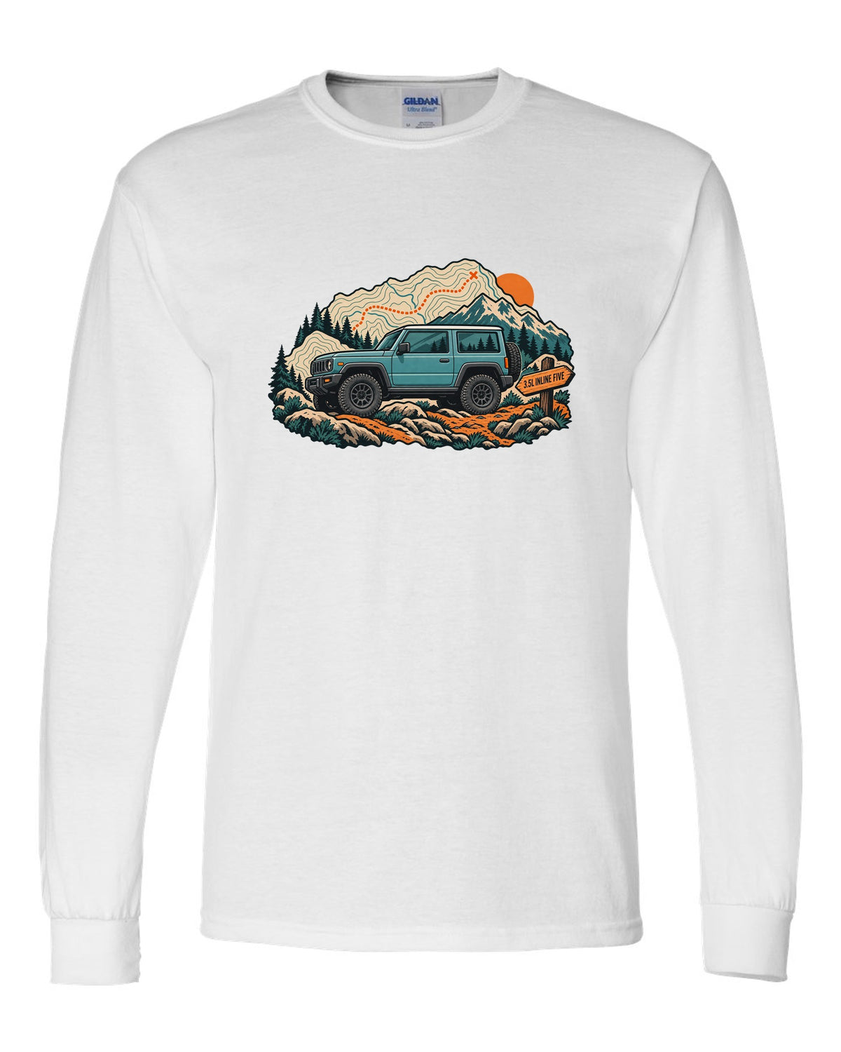 Topographic trail map print of a 2006-10 Hummer H3 with 3.5L inline five lettering white long sleeve front view with the design
