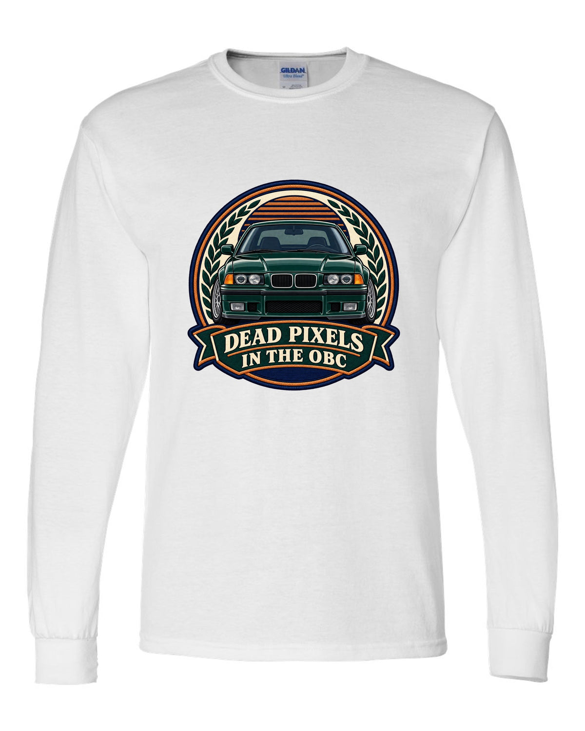 Varsity crest style print of a BMW E36 M3 coupe with dead pixels in the OBC text white long sleeve front view with the design