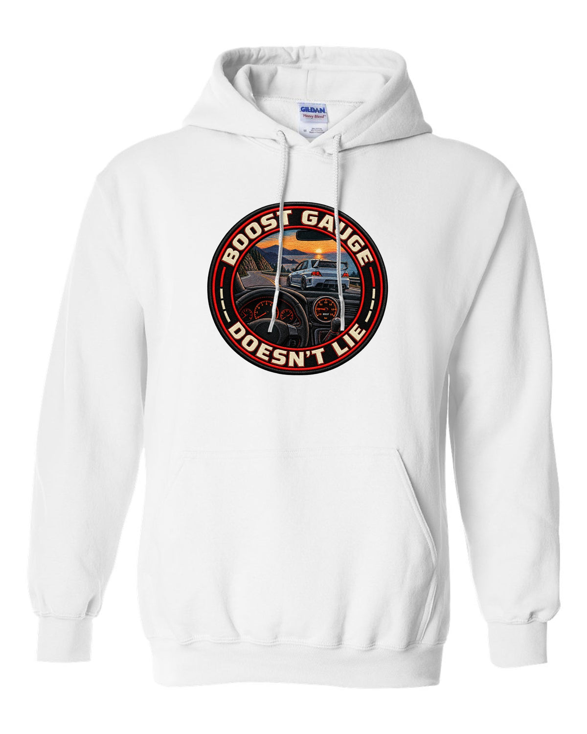Cyanotype negative blueprint print of the Mitsubishi Evo VIII CT9A with same 4G63 since 1992 text white pull over hoodie front view with the design