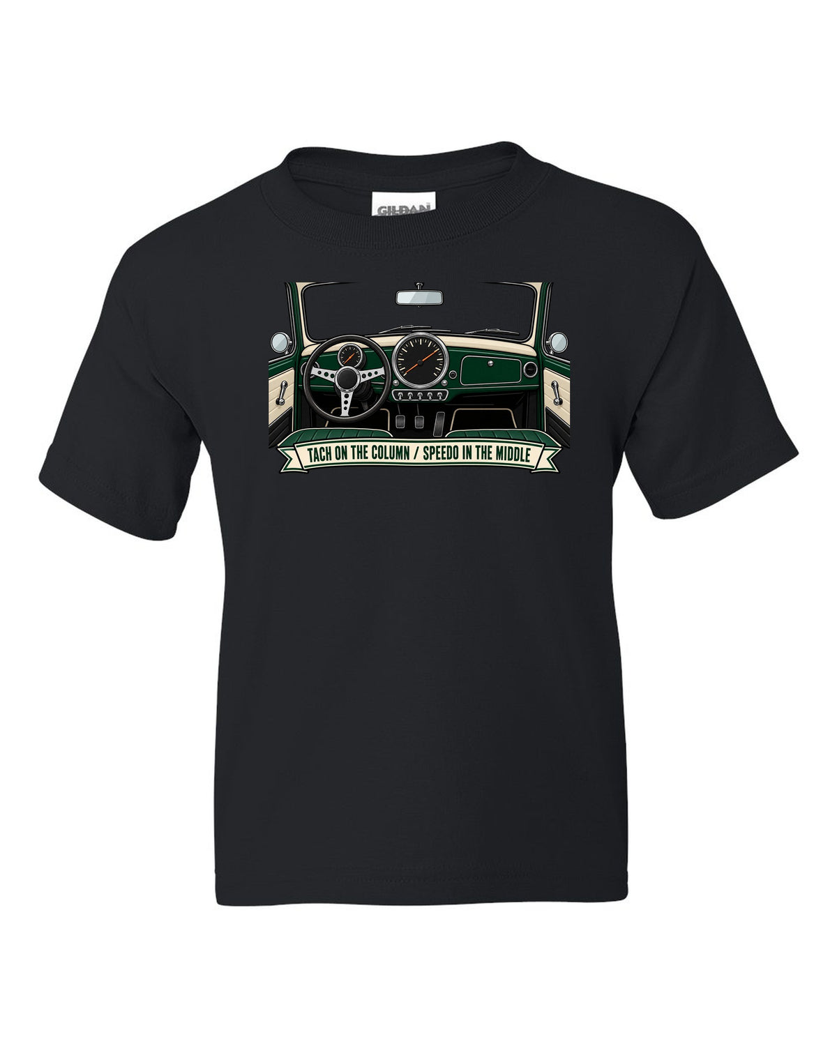Line art of the Mini Cooper S R53 gauge cluster with column tach and central speedometer black kids tee front view with the design