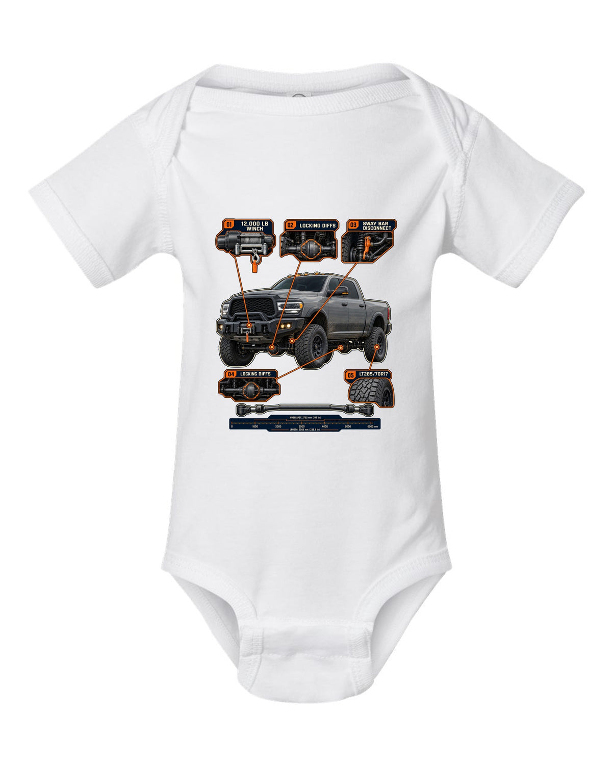 Ram 2500 Power Wagon callouts for winch, locking diffs and sway bar disconnect print white baby onesie front view with the design