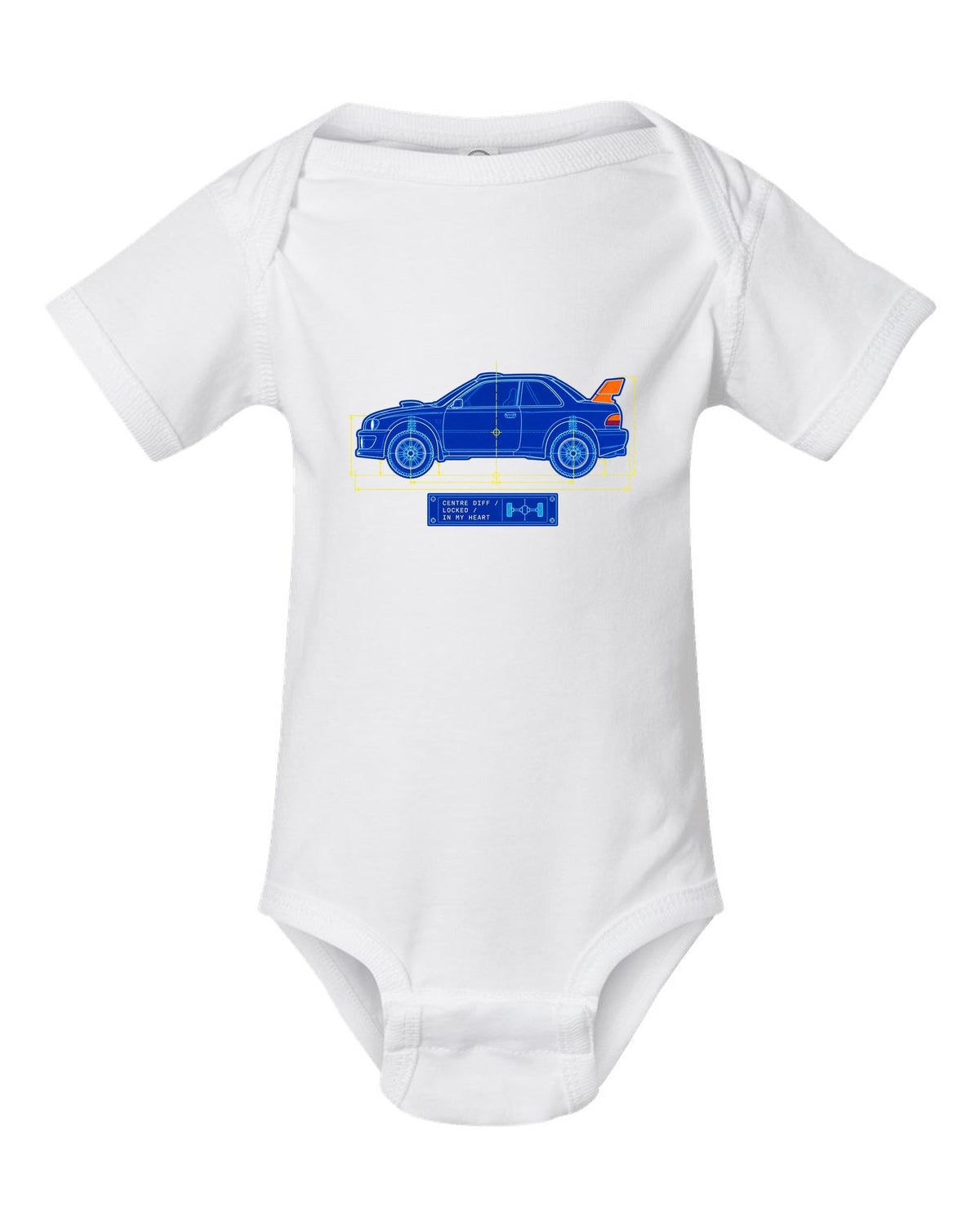 Blueprint line art of a Toyota Celica GT-Four ST185 with centre diff lettering white baby onesie front view with the design