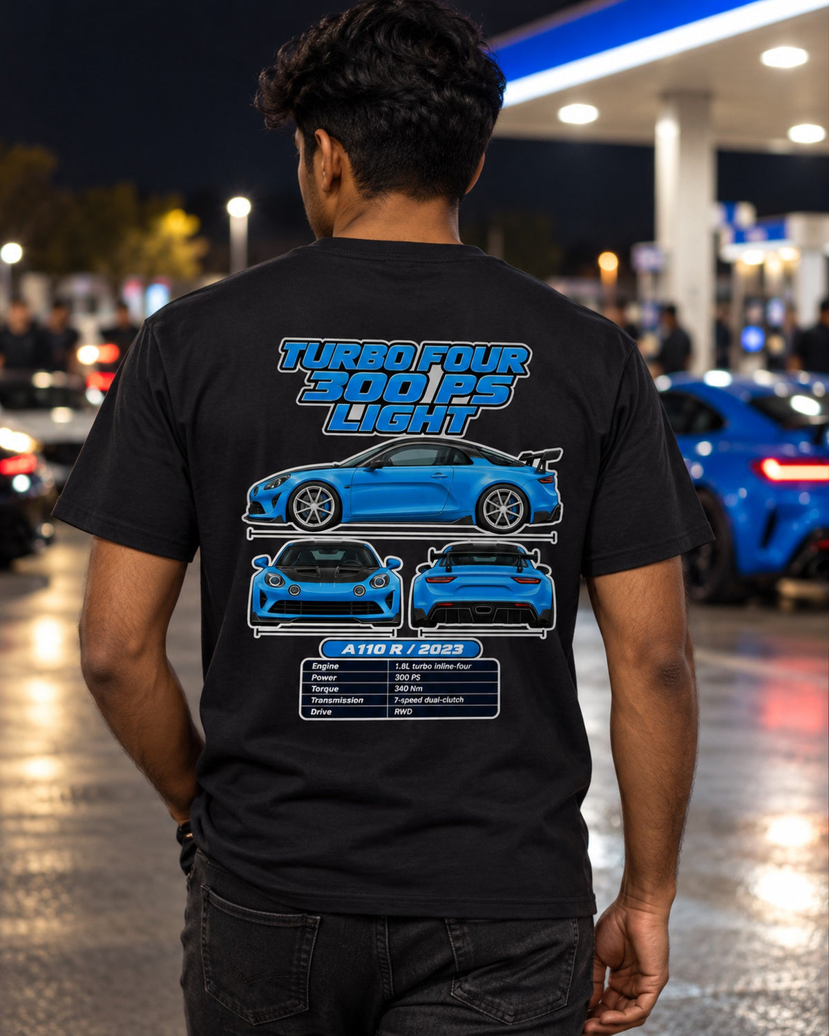 Alpine A110 R Spec Sheet Full-Back Graphic Tee T-Shirt Black worn hero