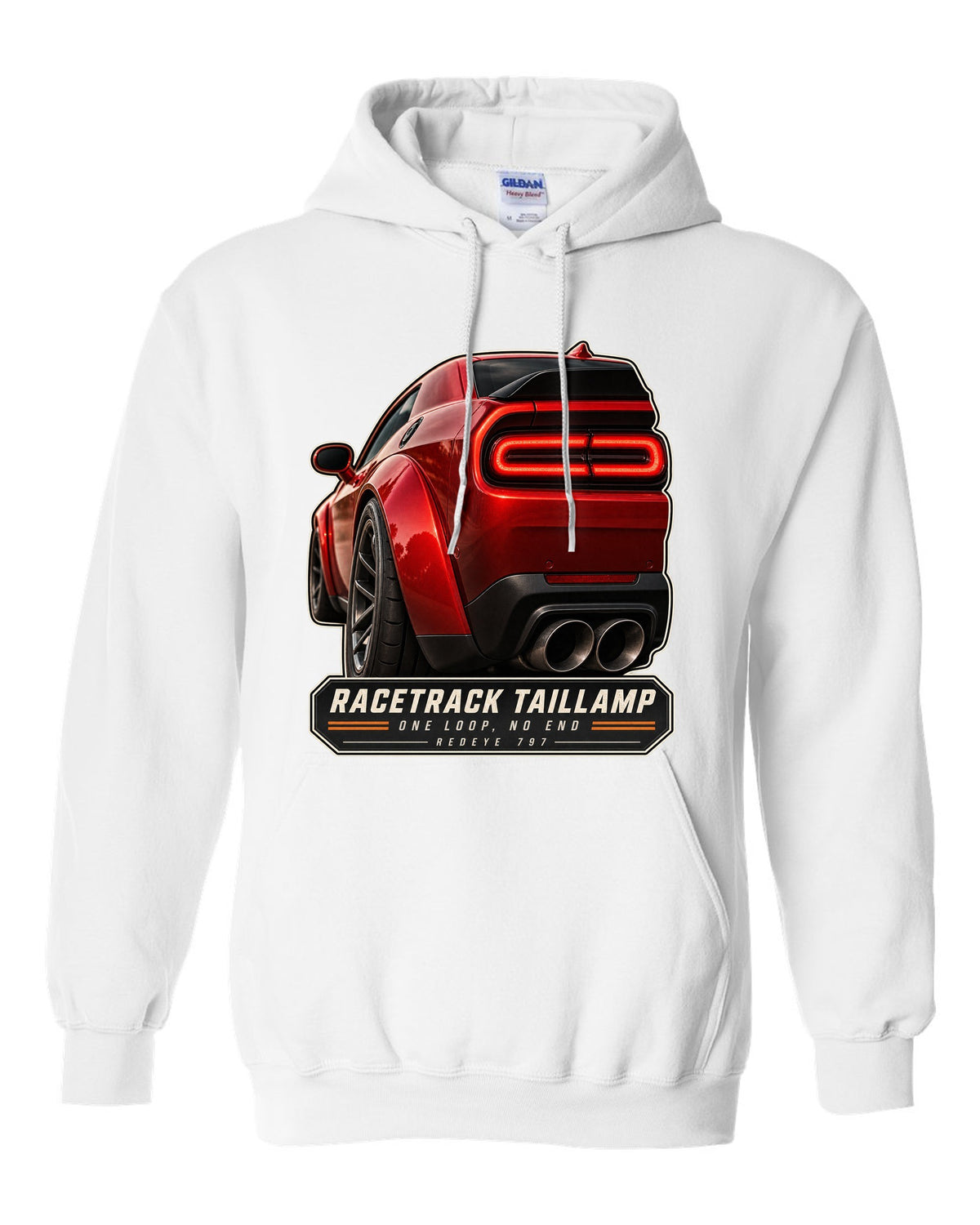 Dodge Challenger Hellcat Redeye Widebody racetrack taillamp macro print white pull over hoodie front view with the design