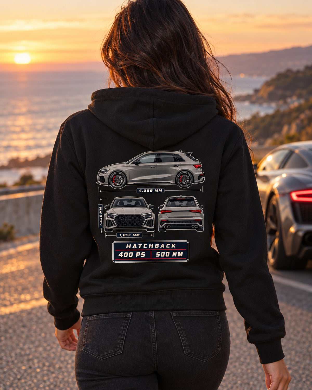 Audi RS3 8Y Sportback Three-View Spec Table Car Shirt Zip Hoodie Black worn hero