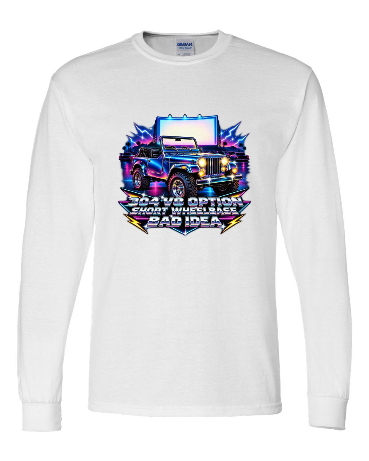 80s airbrush chrome print of a Jeep CJ-5 with 304 V8 option text white long sleeve front view with the design