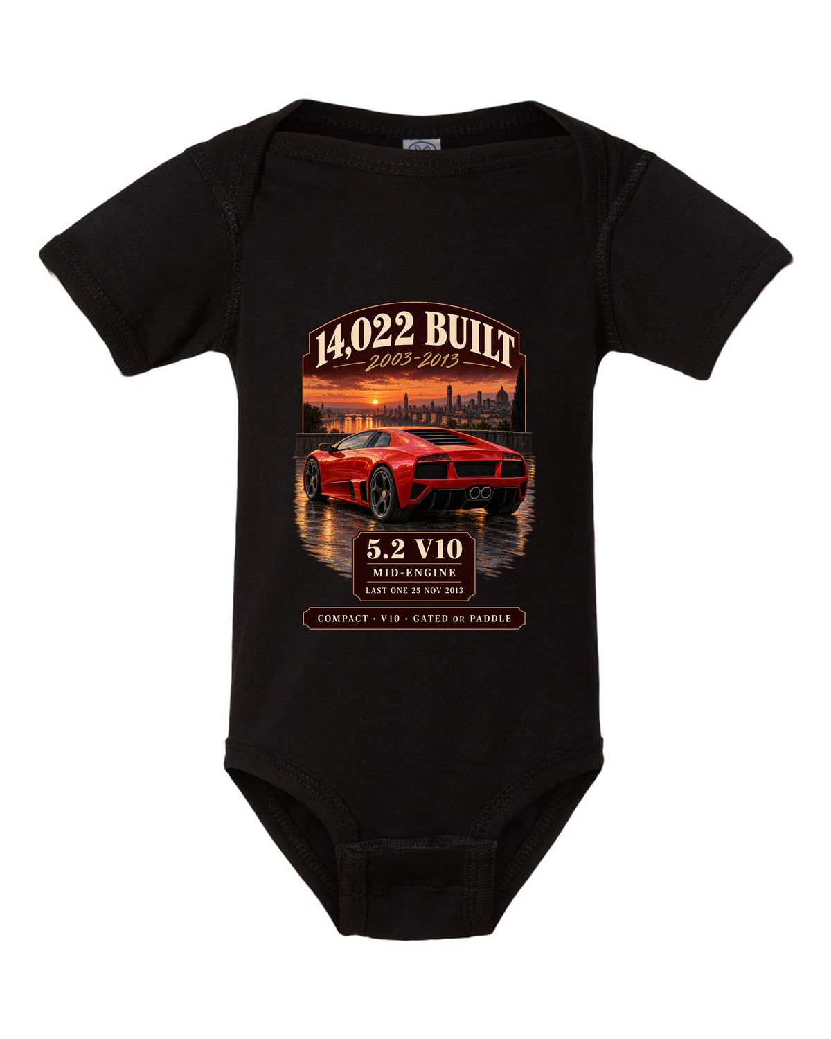 Archive panel print of a Lamborghini Gallardo LP570-4 with 14,022 built and 5.2 V10 text black baby onesie front view with the design