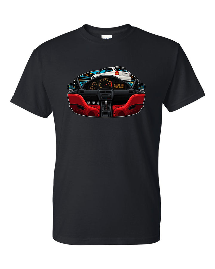 Gauge-cluster HUD print of a 1997 Honda Civic Type R EK9 with 8,400 on the dial text black t-shirt front view with the design