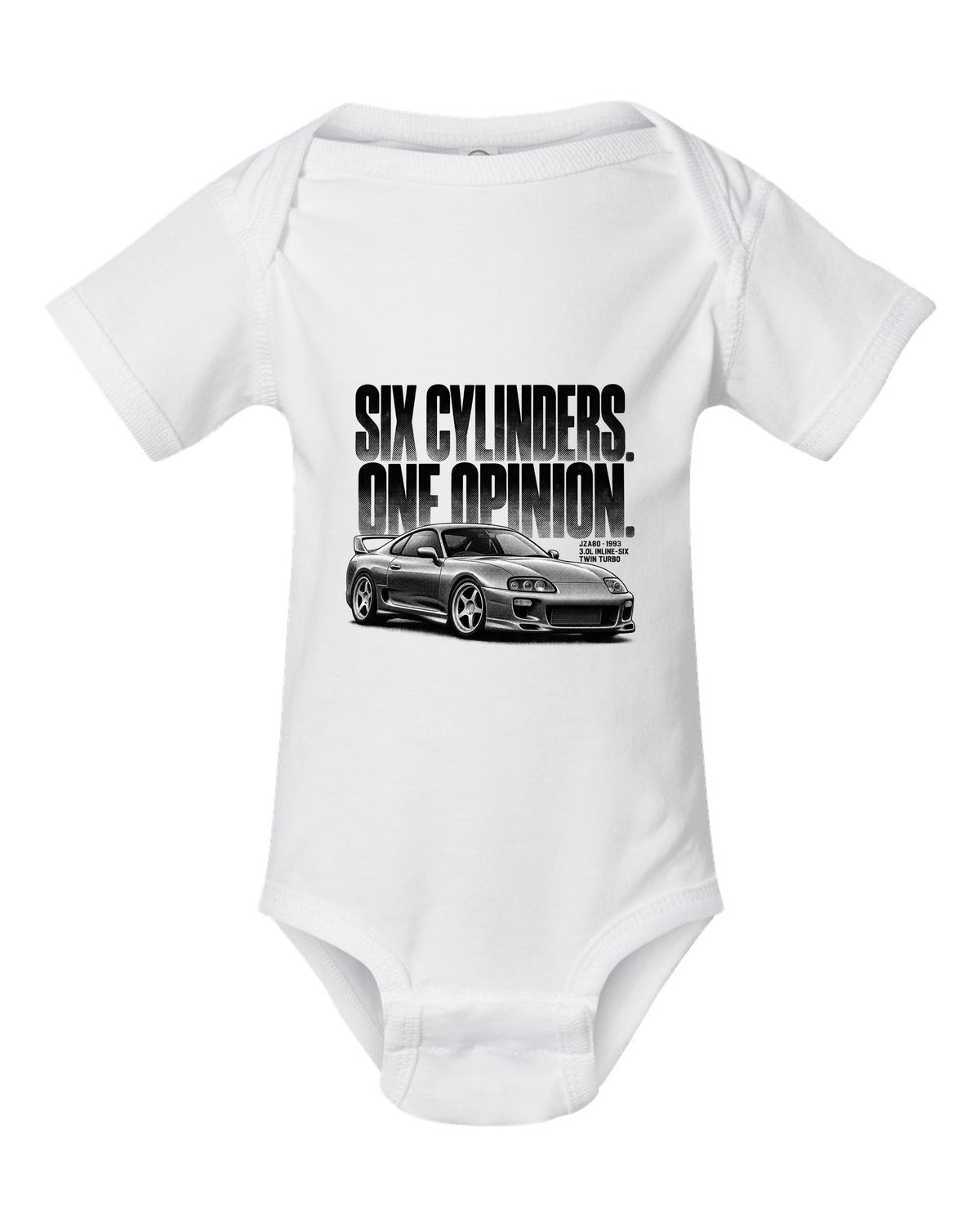 Halftone print of a Toyota Supra A80 JZA80 profile with the text Six Cylinders One Opinion white baby onesie front view with the design