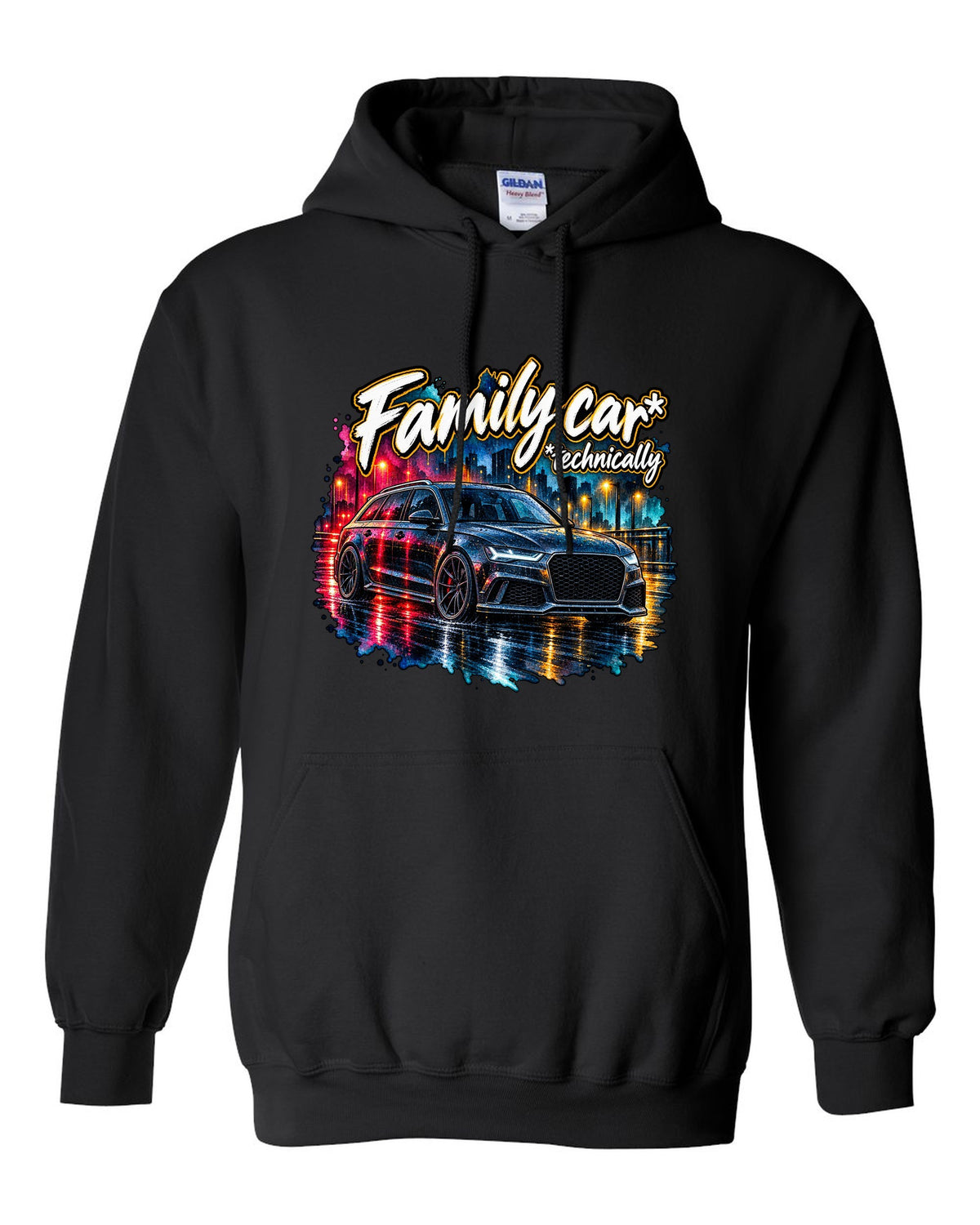 Watercolour wet-road night design of the Audi RS6 Avant C7 4G with family car technically lettering black pull over hoodie front view with the design