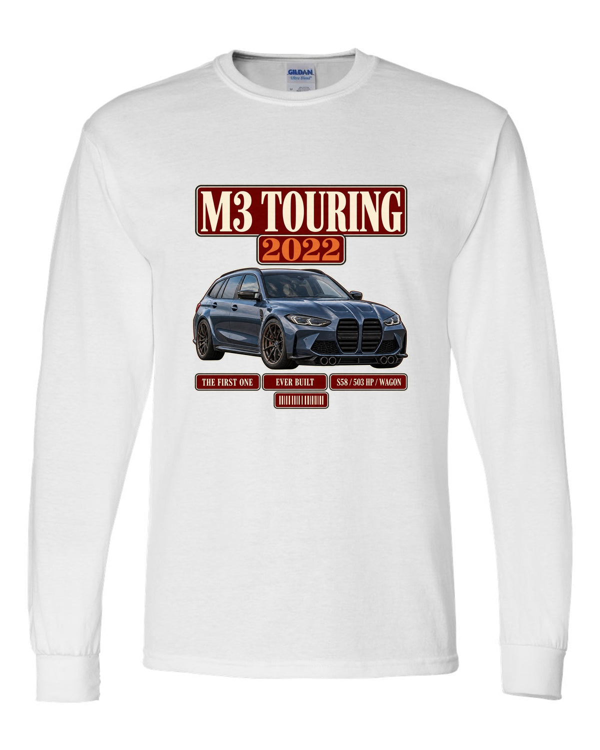 BMW M3 Touring G81 archive panel print with first ever built text white long sleeve front view with the design
