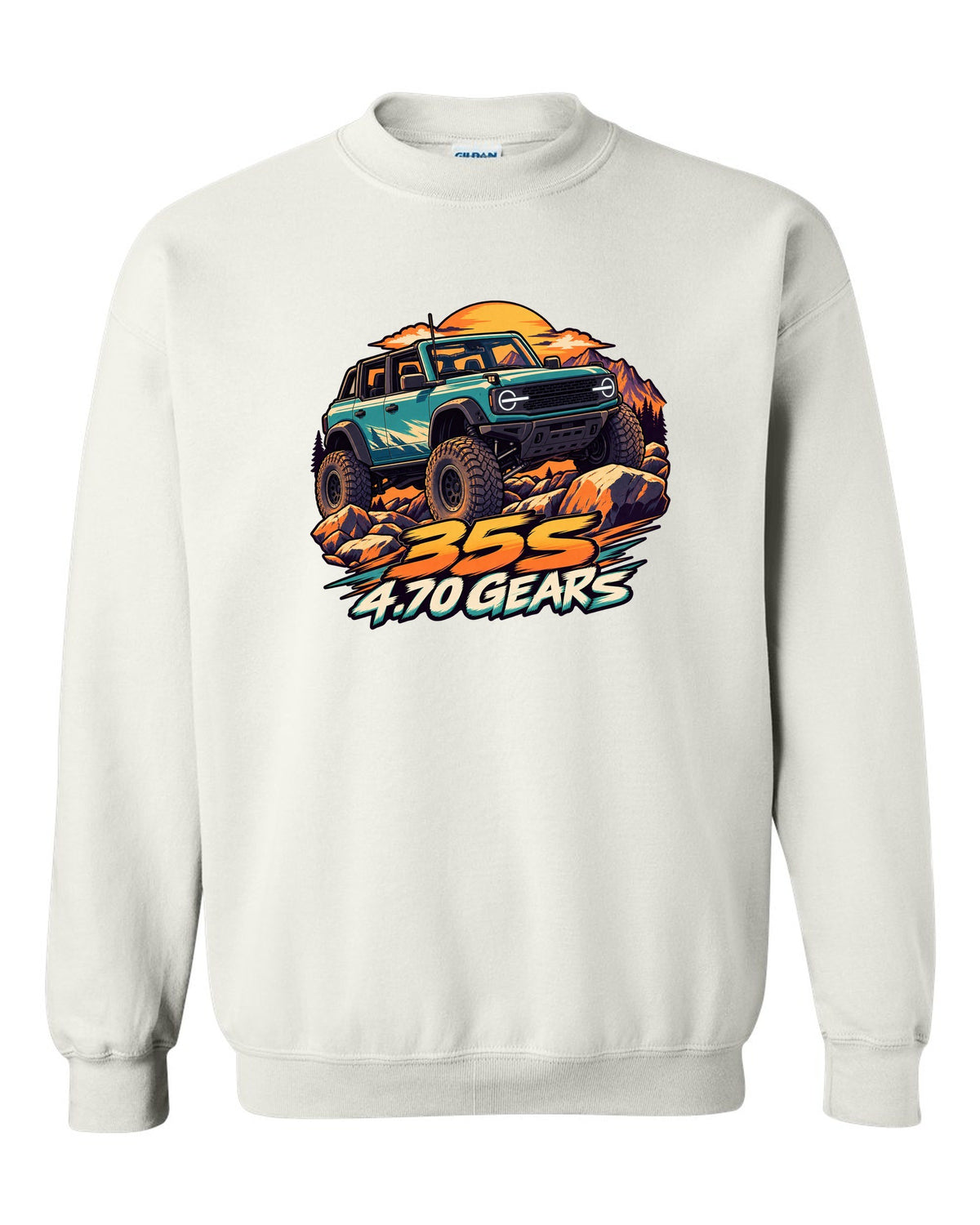 Ford Bronco 6G four-door Sasquatch in a cel-shaded anime print white crewneck front view with the design