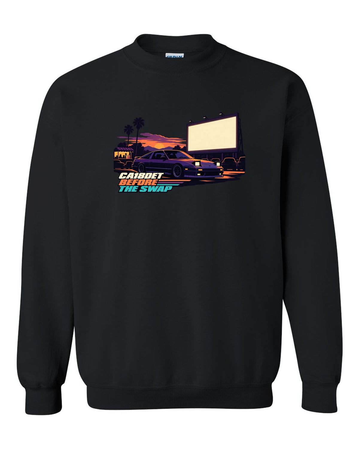 Flat vector drive-in print of a Nissan 180SX S13 with CA18DET before the swap lettering black crewneck front view with the design