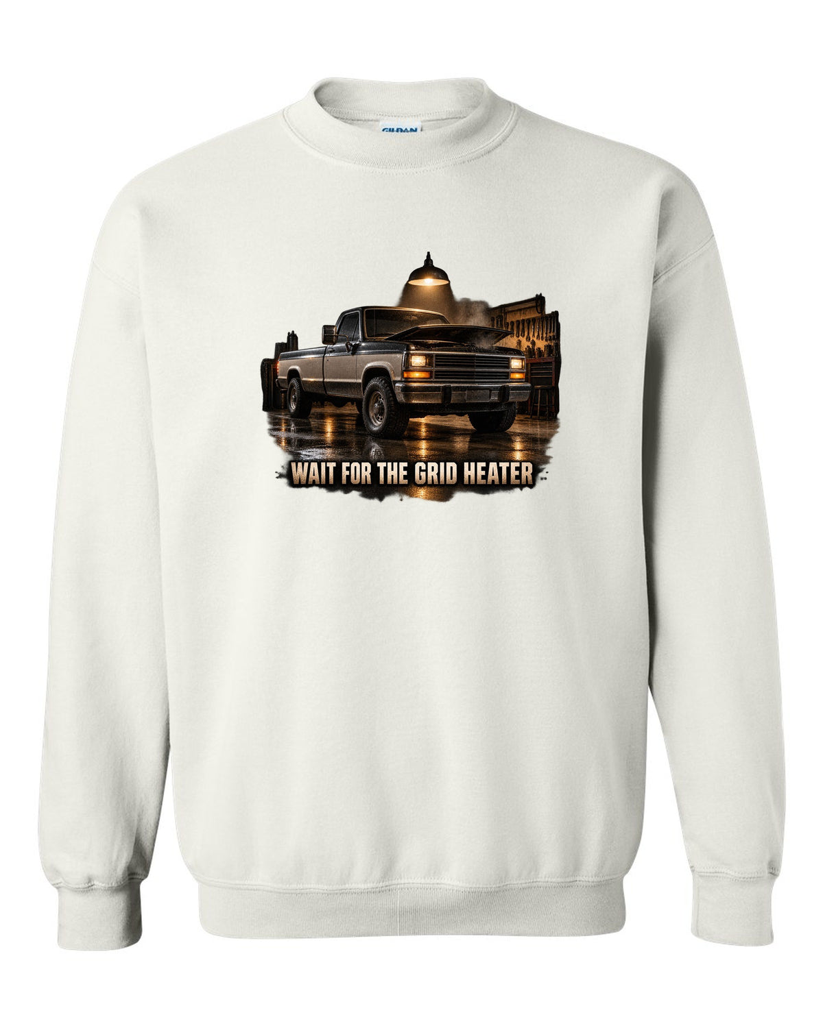 Dodge D250 first generation in a night garage with the text Wait For The Grid Heater white crewneck front view with the design