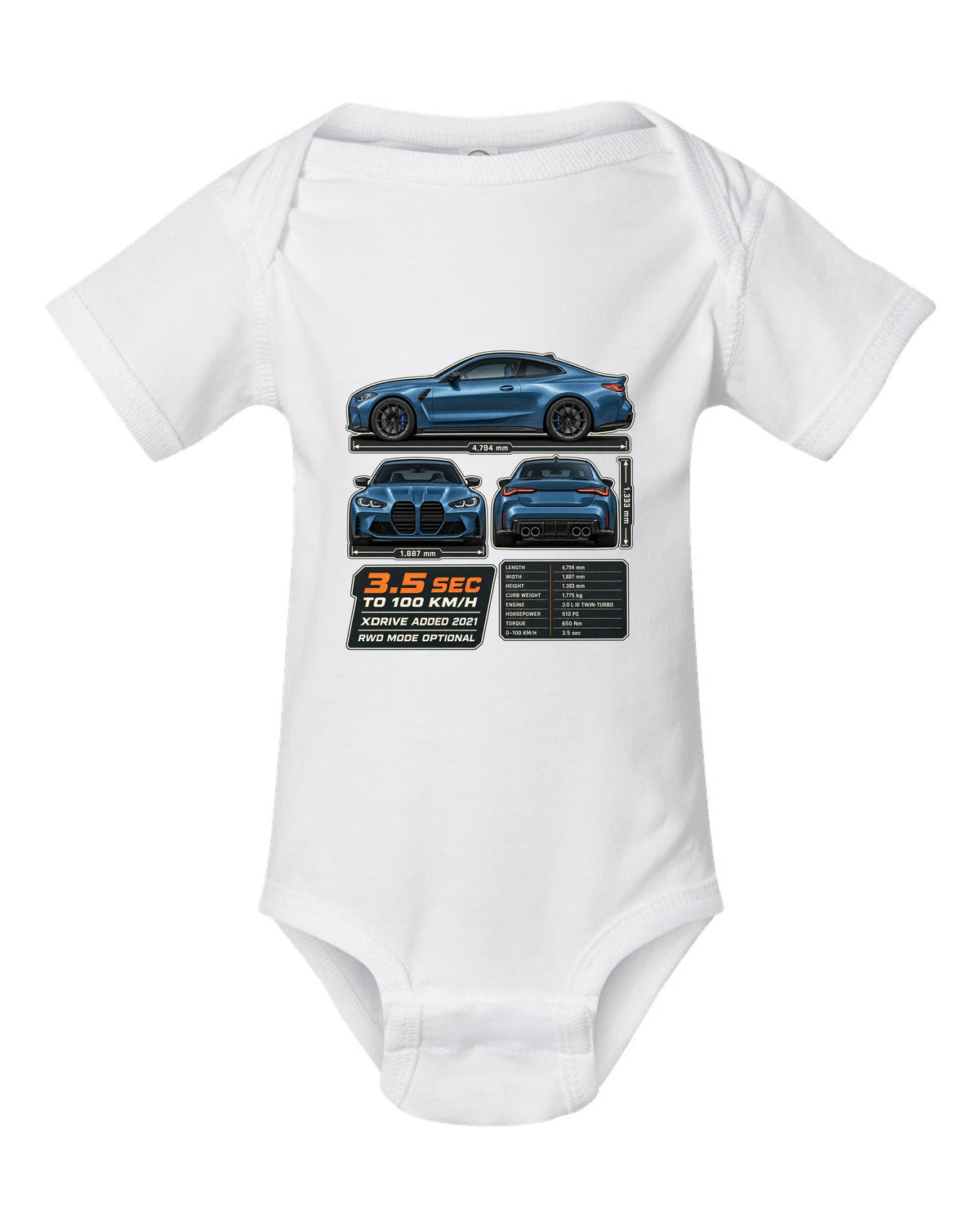 BMW M4 Competition xDrive G82 three-view drawing with spec table print white baby onesie front view with the design