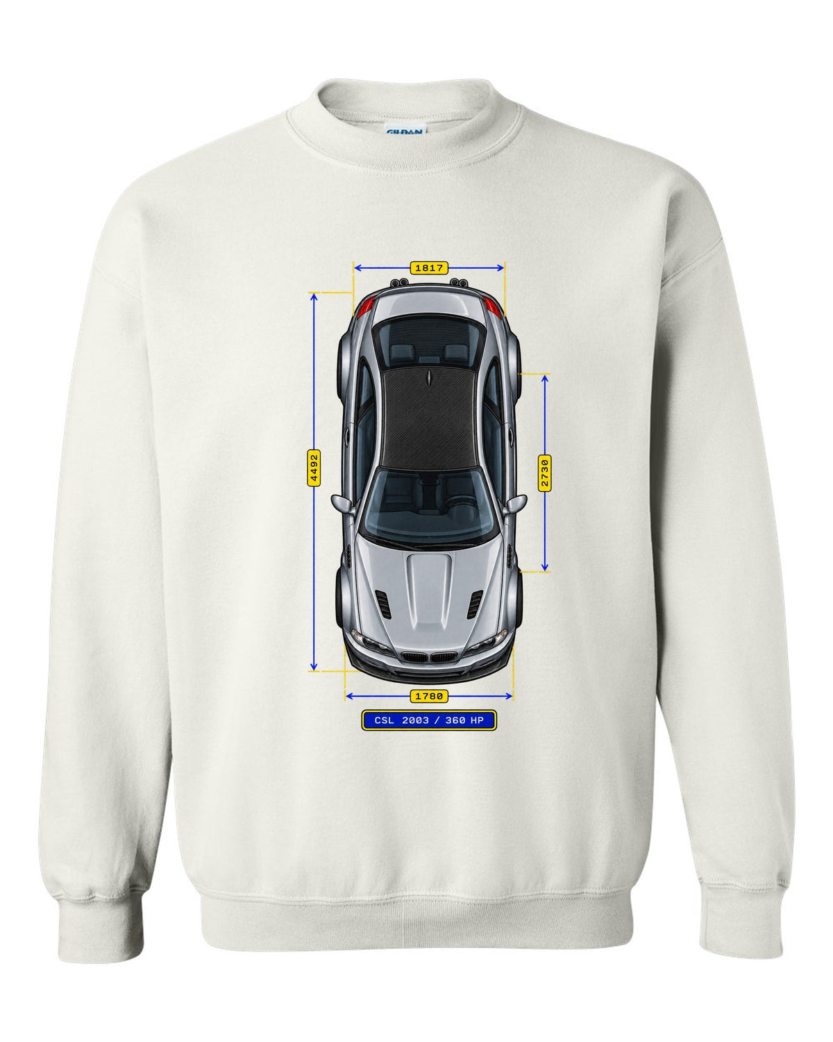 Spec-sheet data plate schematic of a BMW E46 M3 CSL 2003 with carbon roof and 360 HP white crewneck front view with the design