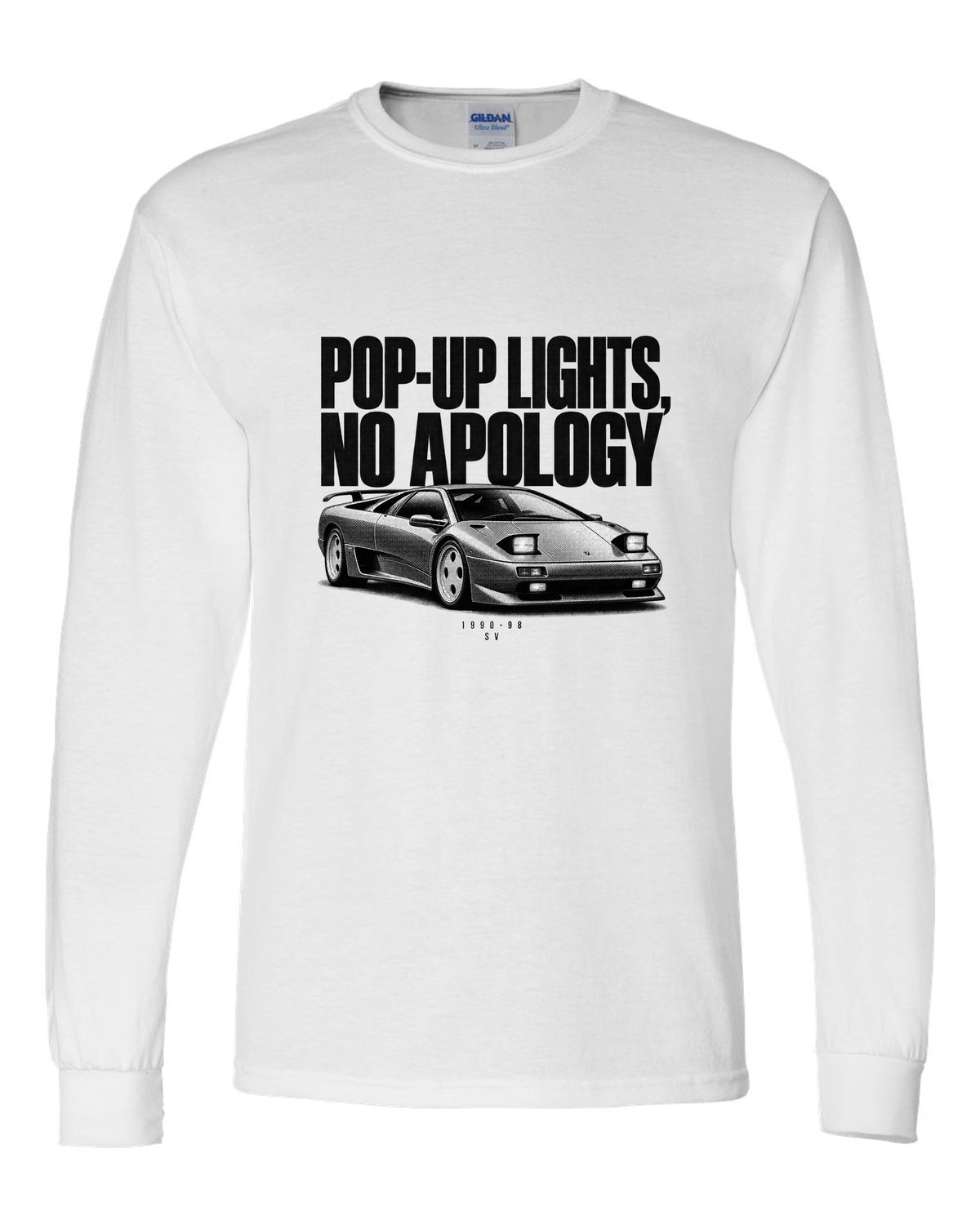 Halftone print of a Lamborghini Diablo SV with pop-up lights no apology text white long sleeve front view with the design