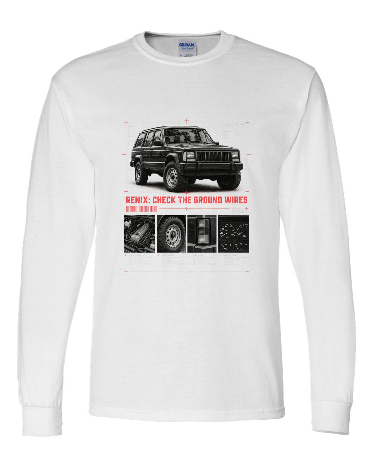 Dossier panel print for the Jeep Cherokee XJ Renix era, 1987-1990 4.0L white long sleeve front view with the design