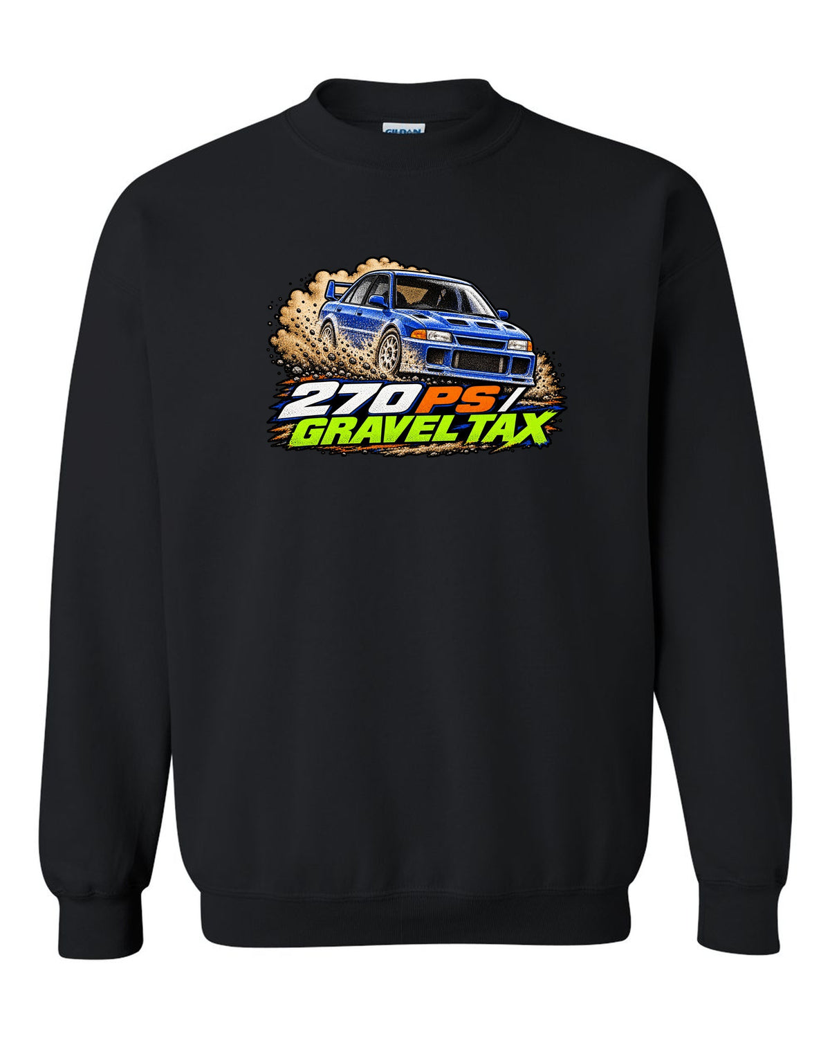 Mitsubishi Lancer Evolution III CE9A in grainy 90s rally magazine halftone, 270 PS / GRAVEL TAX black crewneck front view with the design
