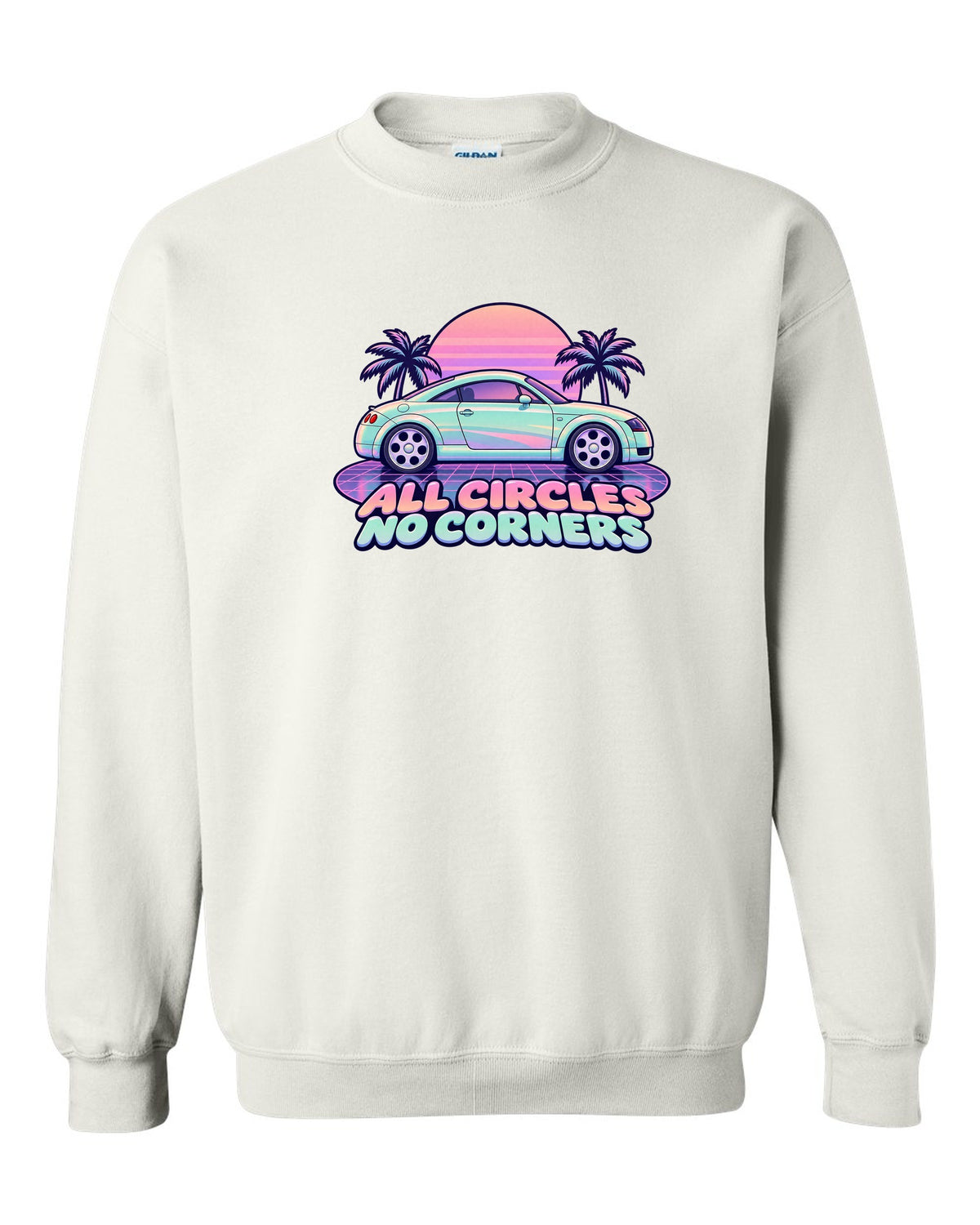 Pastel vaporwave print of an Audi TT Coupe 8N with all circles no corners text white crewneck front view with the design