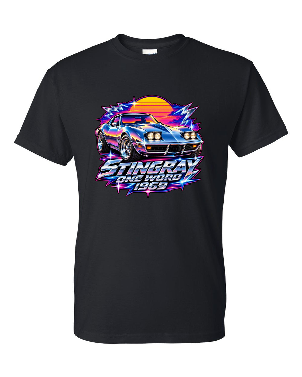 80s chrome airbrush print of a 1969 Chevrolet Corvette C3 Stingray with Stingray One Word 1969 text black t-shirt front view with the design