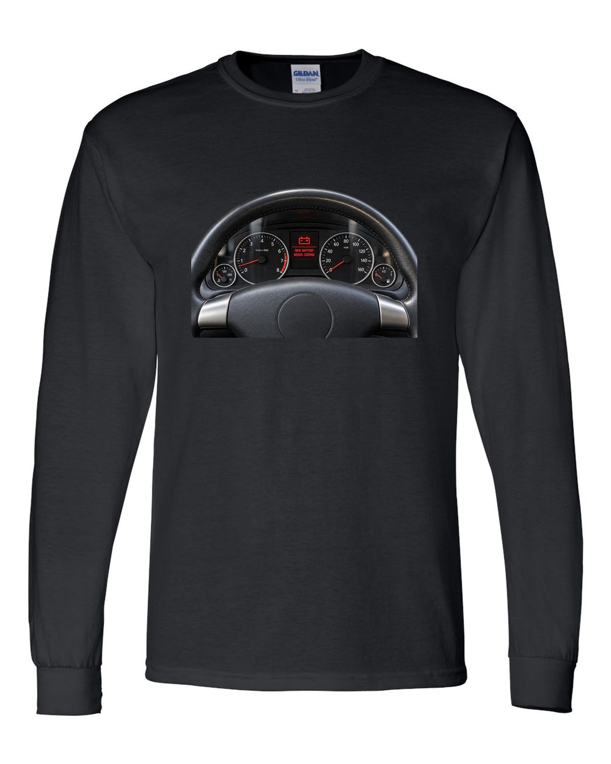 BMW E92 M3 cockpit gauge print with new battery needs coding text black long sleeve front view with the design