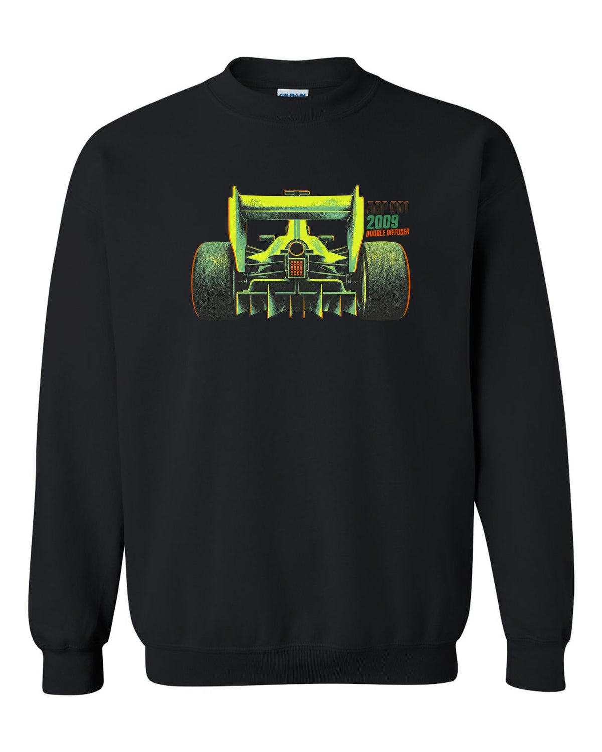 Risograph style Brawn BGP 001 Formula 1 car with double diffuser lettering black crewneck front view with the design
