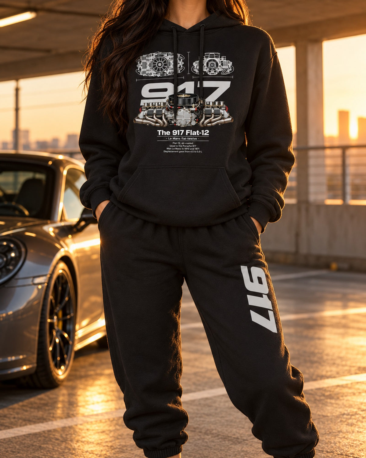 Porsche 917 Flat 12 Engine Hoodie + Jogger Set Black worn hero