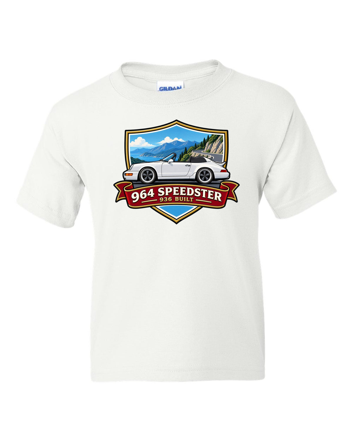 Shield crest design for the Porsche 964 Speedster with 936 built lettering white kids tee front view with the design