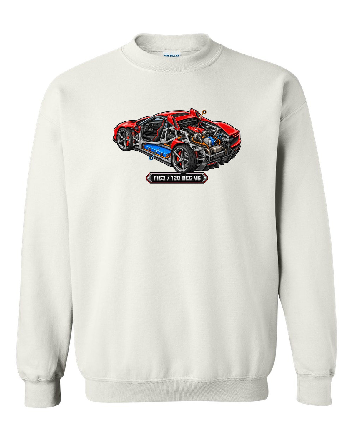 Isometric cutaway diorama of the Ferrari 296 GTB hybrid V6 engine white crewneck front view with the design