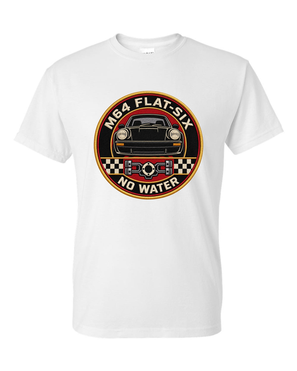 Round embroidery-style crest print for the Porsche 911 Turbo 964 with M64 flat-six no water lettering white t-shirt front view with the design