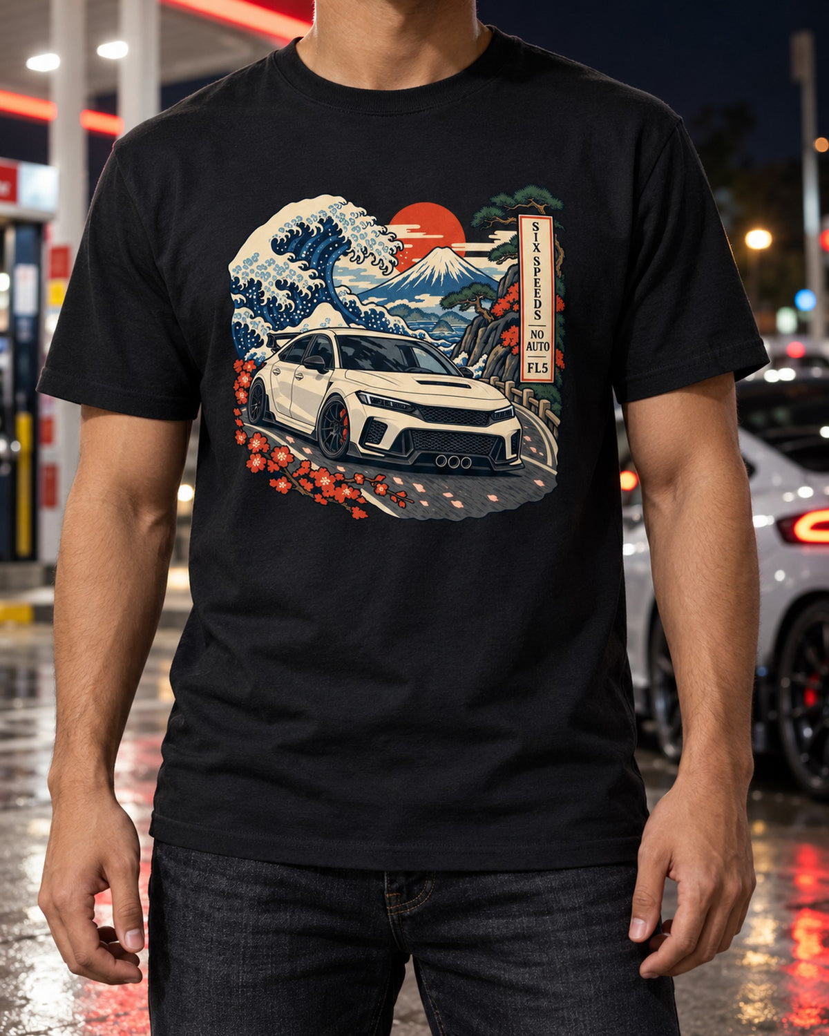 FL5 Civic Type R Ukiyo-e Woodblock Shirt, Fuji Pass Car Tee T-Shirt Black worn hero