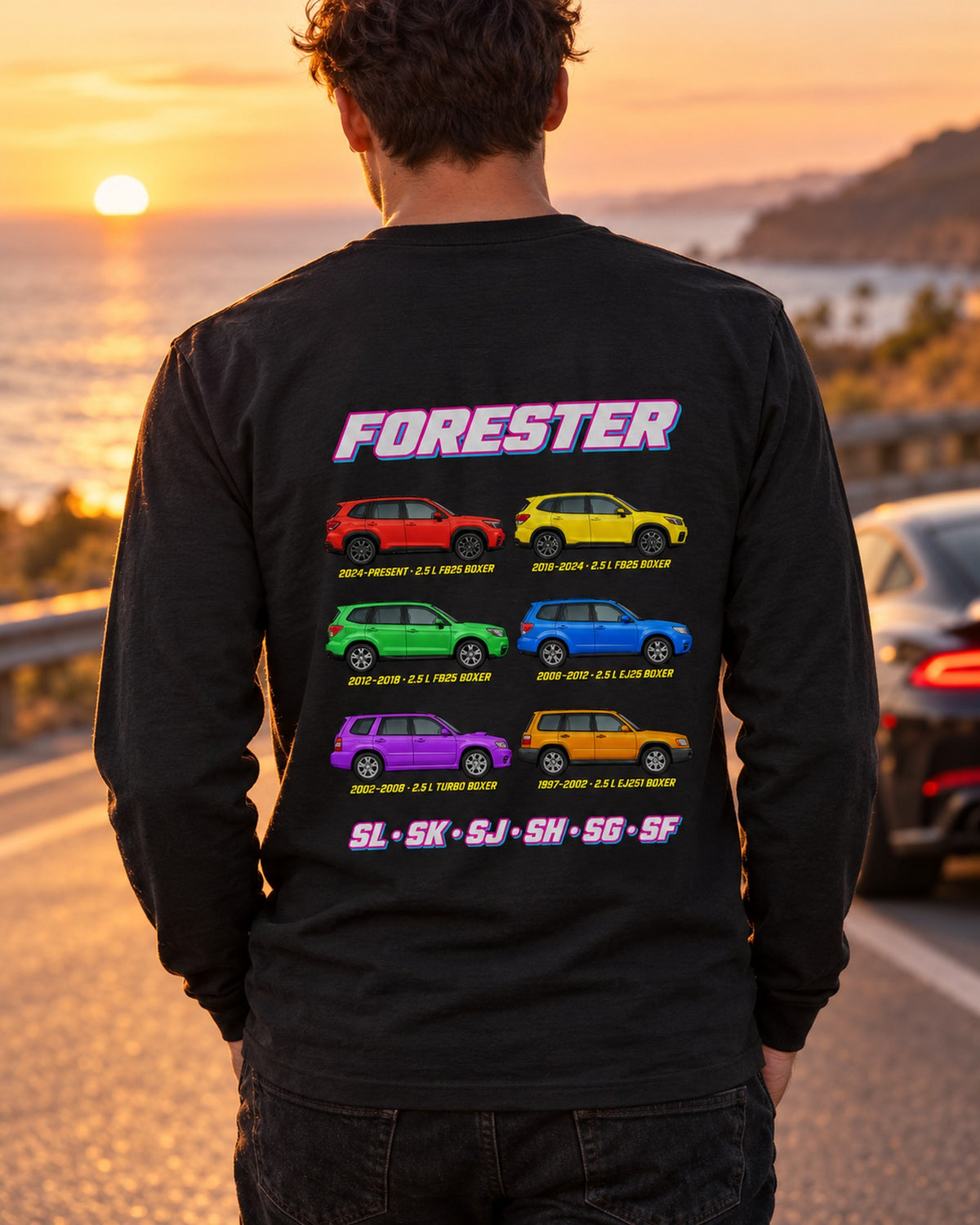 Subaru Forester Evolution Poster Full-Back Graphic Tee Long Sleeve Black worn hero