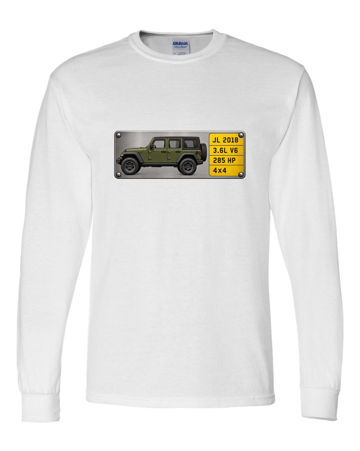 Jeep Wrangler JL Unlimited 3.6L V6 285 HP Spec Plate Tee white long sleeve front view with the design