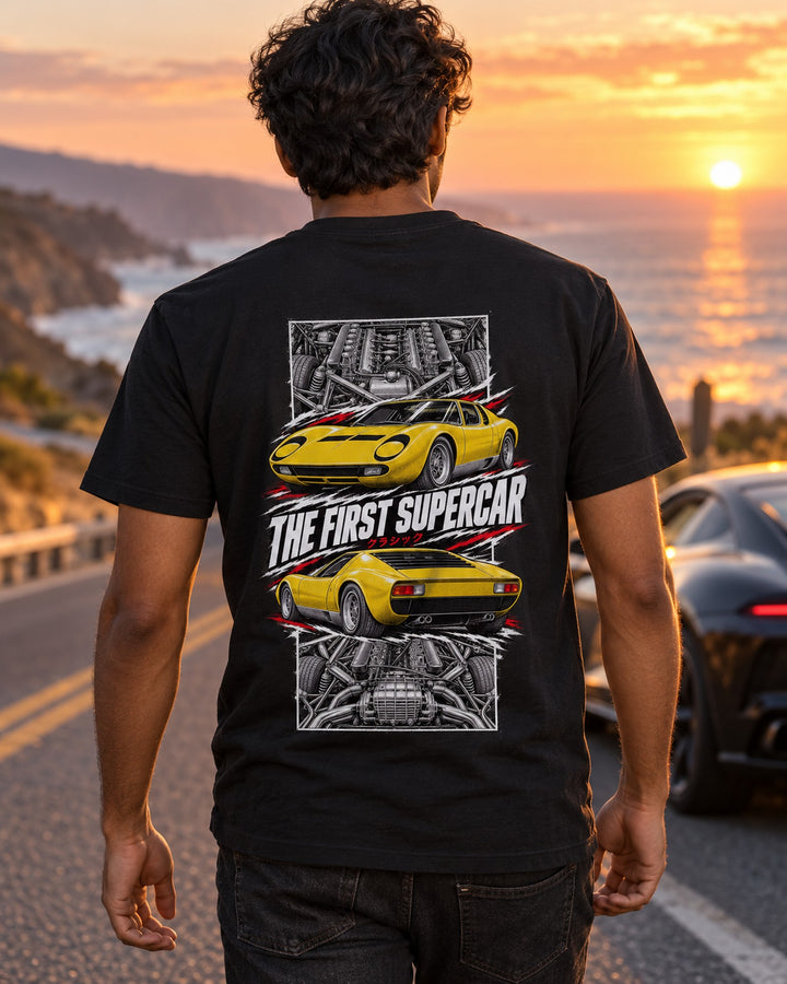 Lamborghini Miura Torn Poster Full-Back Graphic Tee T-Shirt Black worn hero
