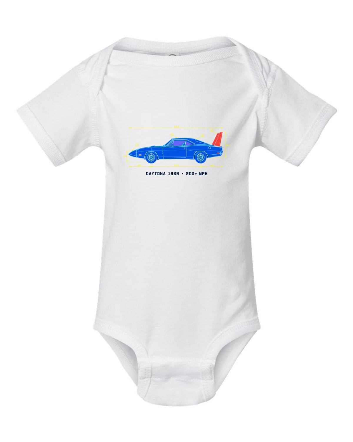 1969 Dodge Charger Daytona blueprint patent sheet print with 200+ MPH text white baby onesie front view with the design