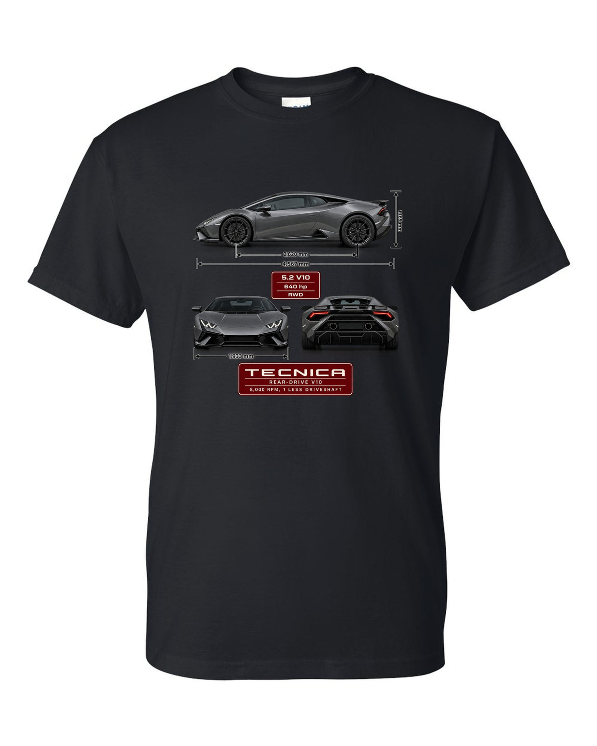 Three-view spec table print of the Lamborghini Huracan Tecnica black t-shirt front view with the design