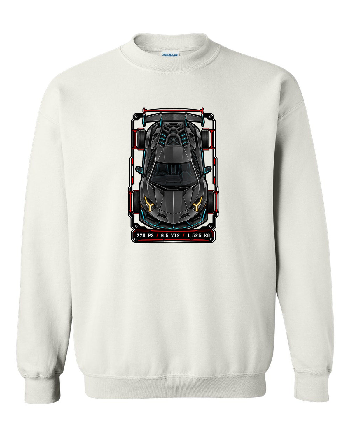 Spec-sheet data plate with a top-down Lamborghini Aventador SVJ LP770-4 and the text 770 PS / 6.5 V12 / 1,525 KG white crewneck front view with the design