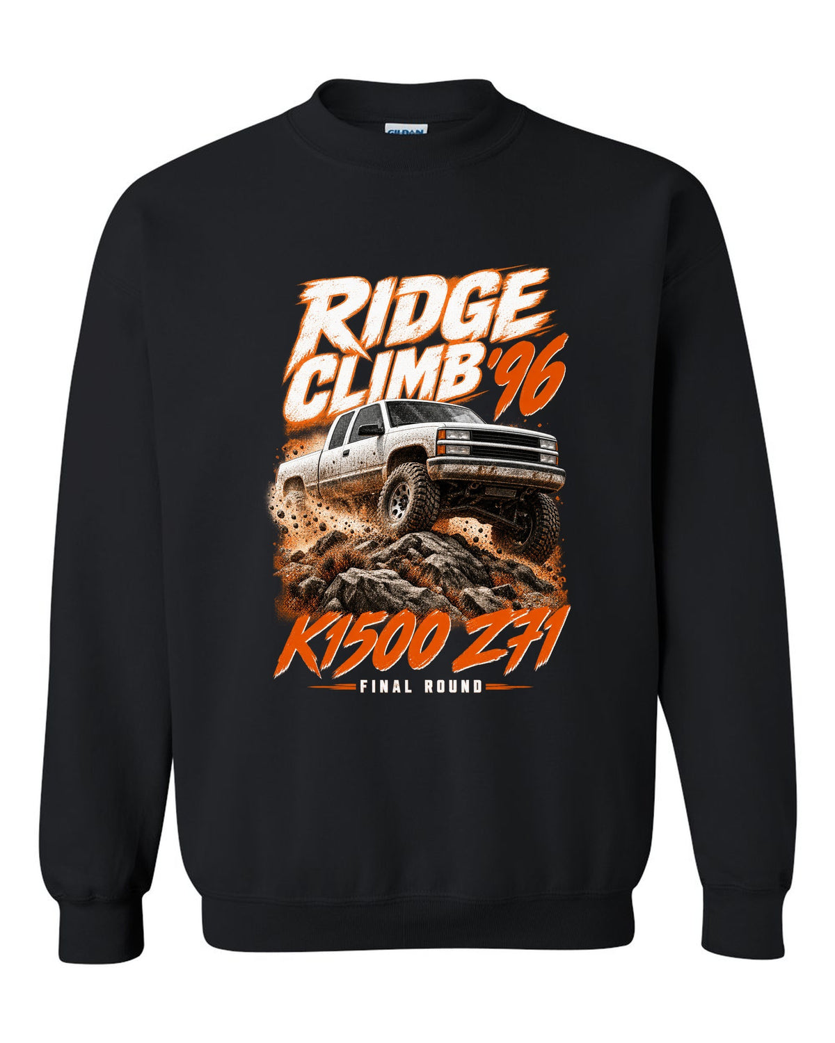 1996 Chevy K1500 Z71 OBS Ridge Climb race poster print black crewneck front view with the design